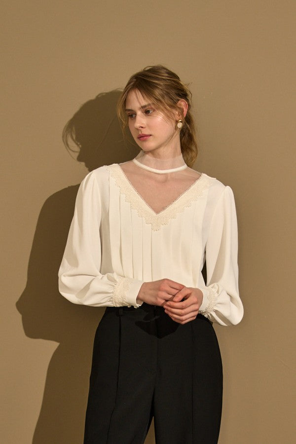 Sheer Tucked Blouse <br> -Off white-