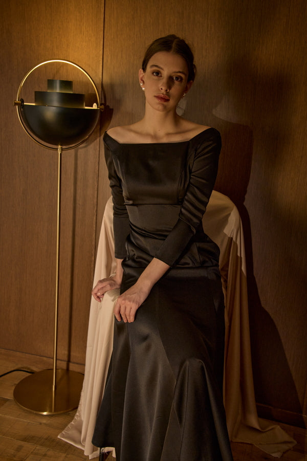 Satin Drape-Back Dress <br> -Black-