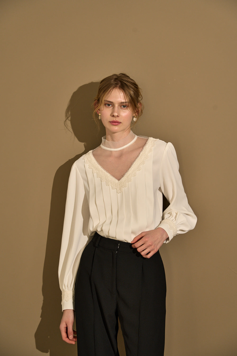 Sheer Tucked Blouse <br> -Off white-