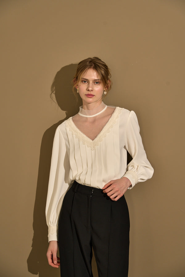 Sheer Tucked Blouse <br> -Off white-