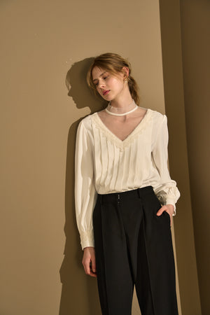 Sheer Tucked Blouse <br> -Off white-