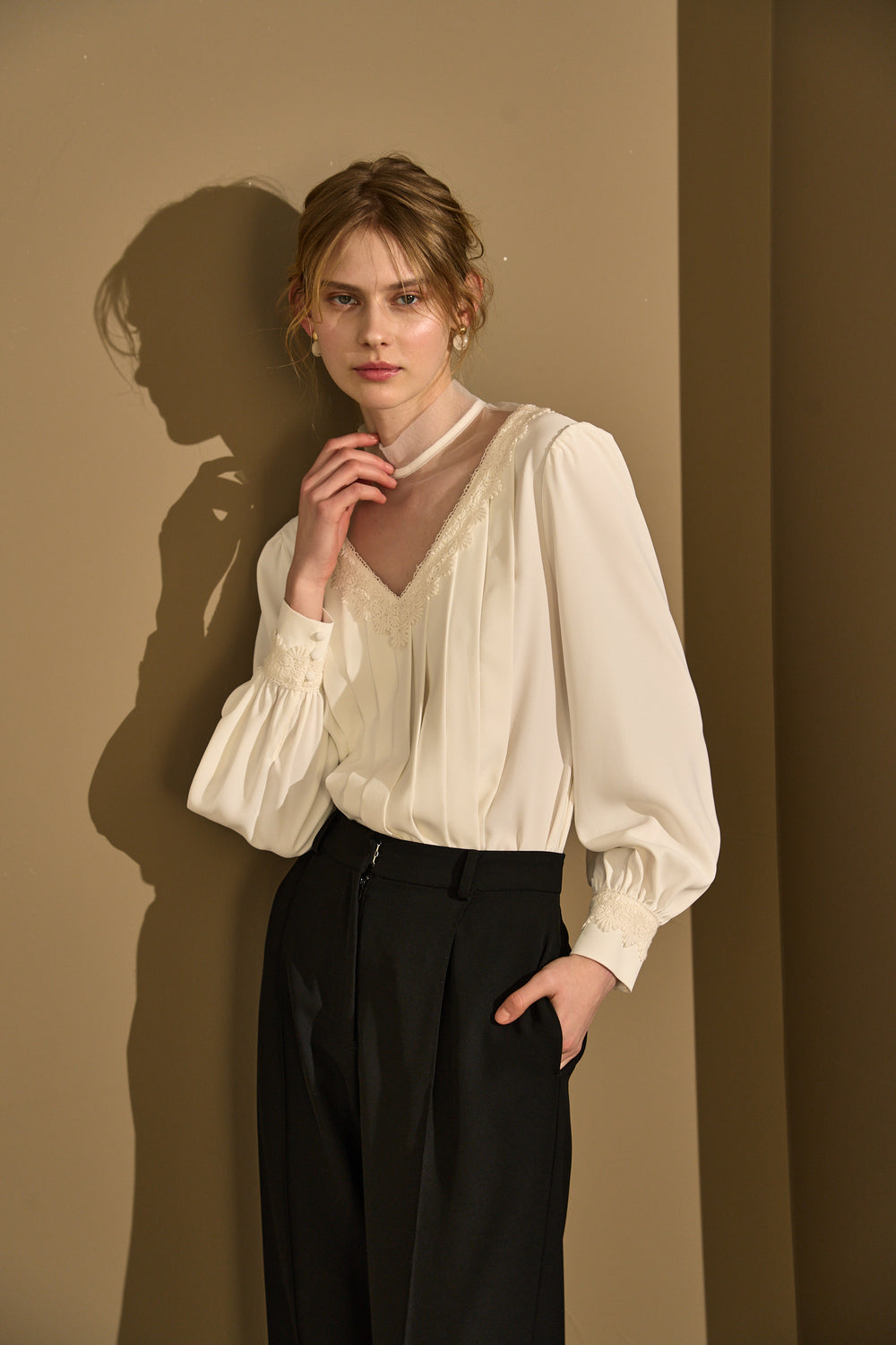 Sheer Tucked Blouse <br> -Off white-