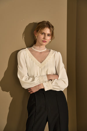 Sheer Tucked Blouse <br> -Off white-