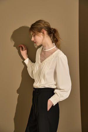 Sheer Tucked Blouse <br> -Off white-