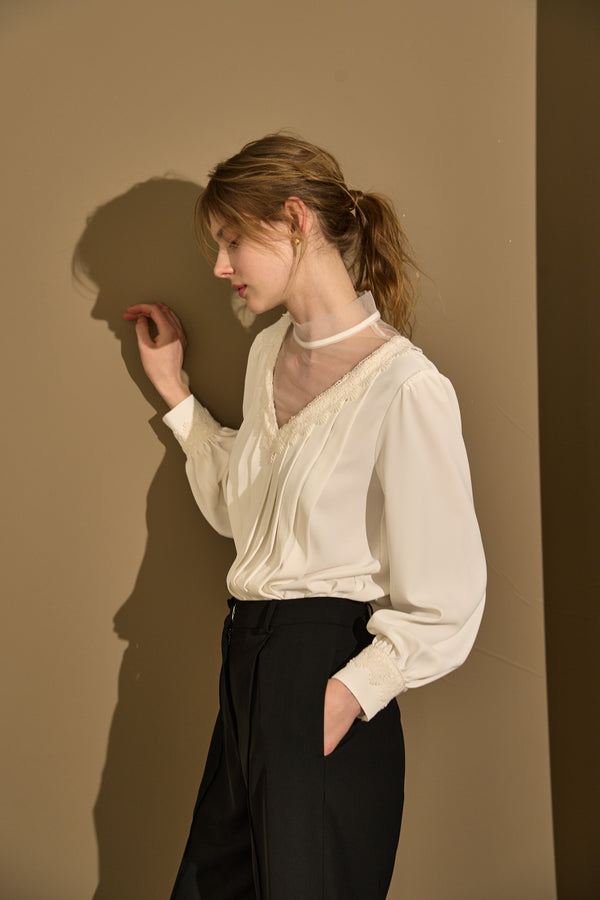 Sheer Tucked Blouse <br> -Off white-