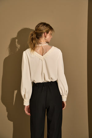 Sheer Tucked Blouse <br> -Off white-