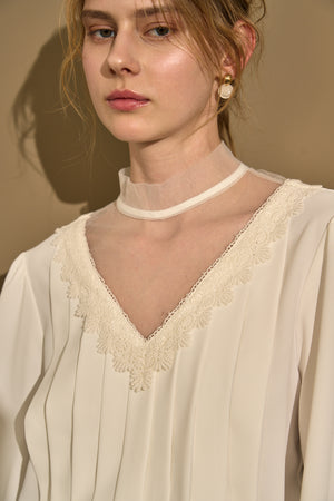 Sheer Tucked Blouse <br> -Off white-