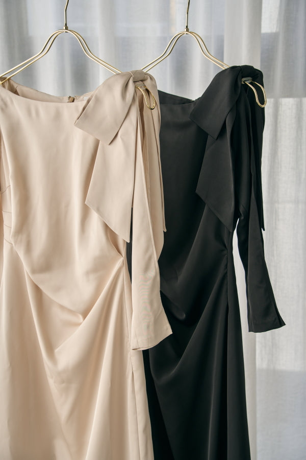 Shoulder Ribbon Satin Drape one piece <br> -Champagne.BEG-
