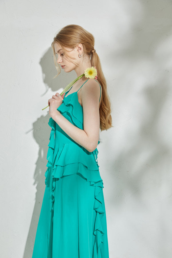 Raffled Chiffon One-Piece <br> -Turquoise-