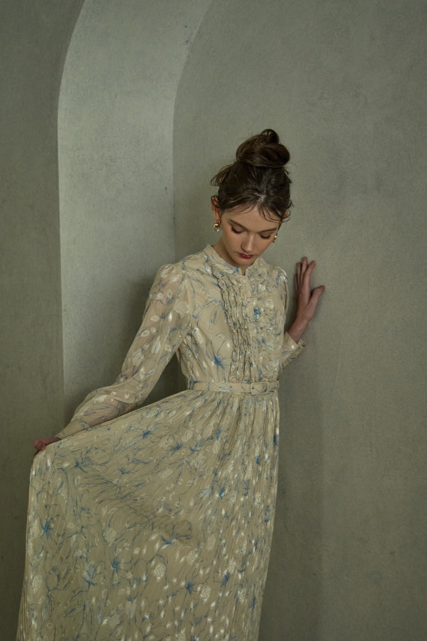 Flower print pleats one piece -Yellow- – ERADIE