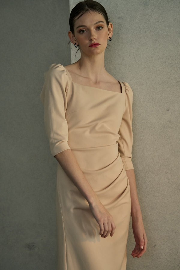 Drape midi dress <br> -L.Beige-