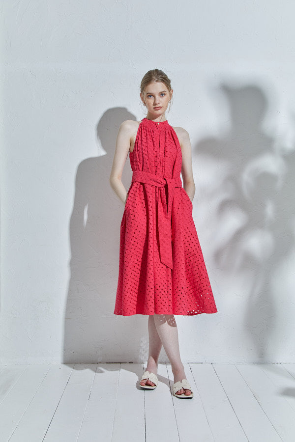 Cotton lace halterneck one-piece -Red-