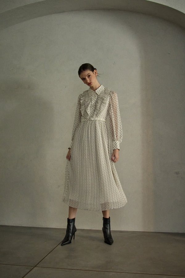 Chiffon dot pleated dress<br> -IVO×brw.dot-